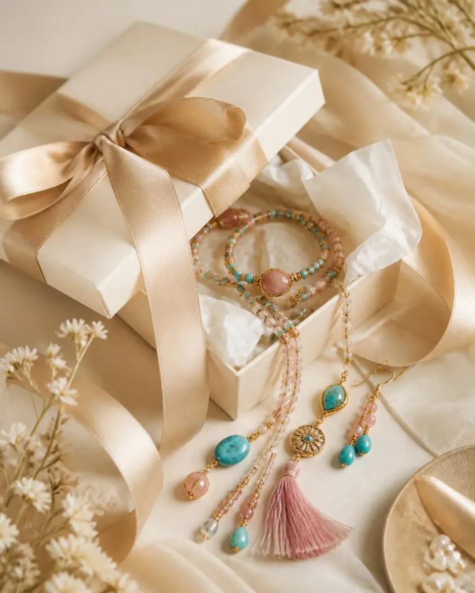 Ivory gift box styled with beaded jewelry