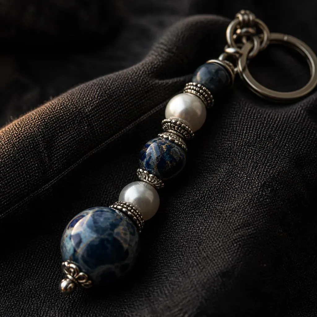 Beaded keychain with silver spacers in close up