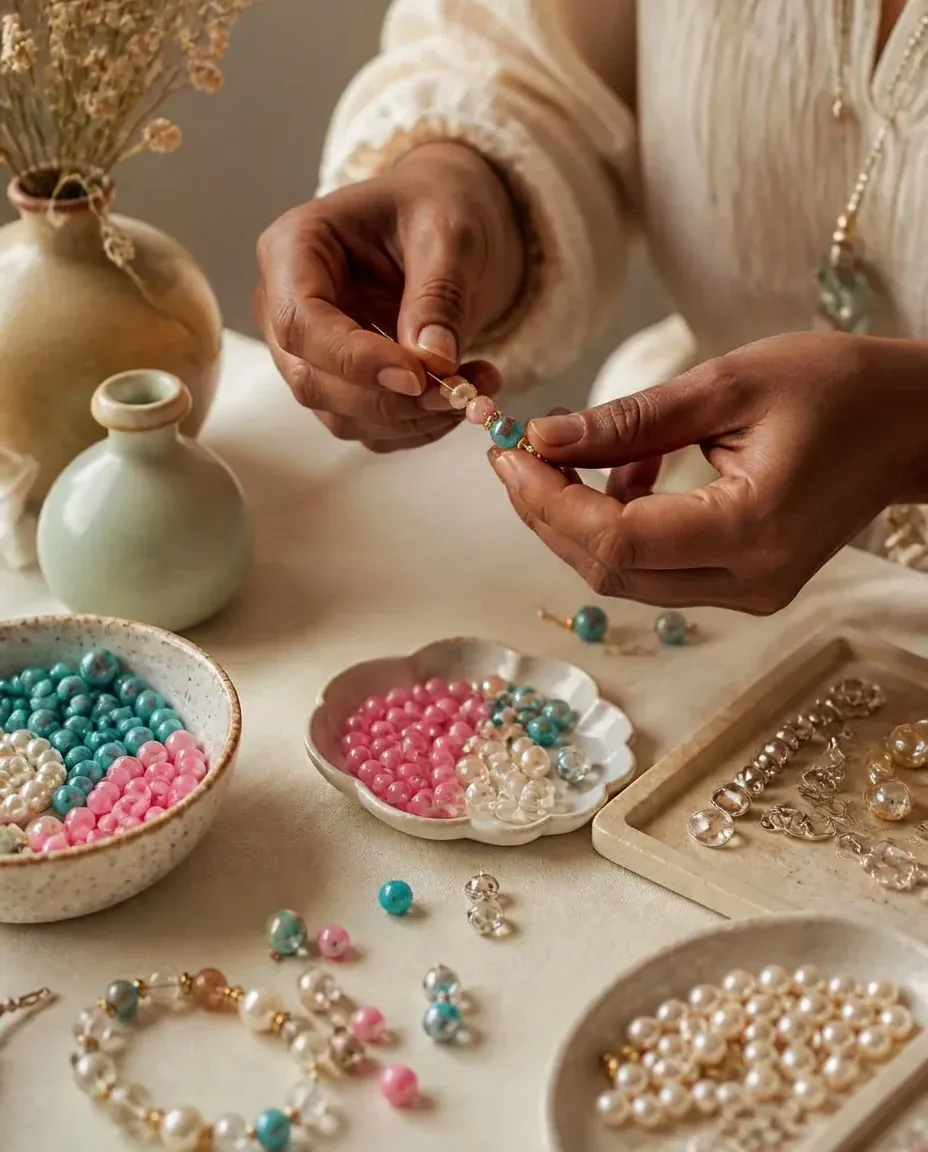 Maker hands stringing colorful beads by hand